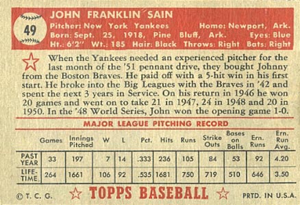 1952 Topps Johnny Sain #49 Baseball Card