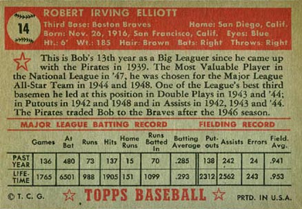 1952 Topps Bob Elliott #14 Baseball Card