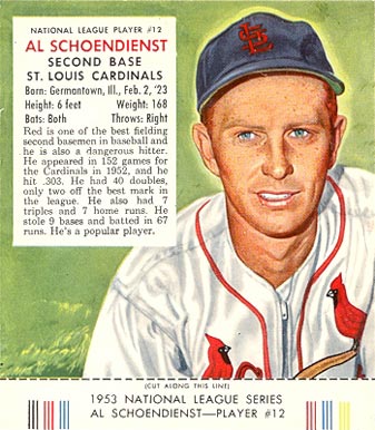 1953 Red Man Tobacco Red Schoendienst #12 Baseball Card