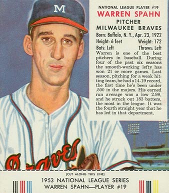 1953 Red Man Tobacco Warren Spahn #19 Baseball Card