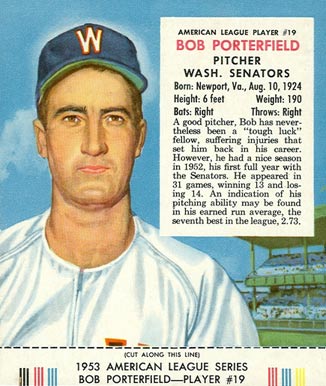 1953 Red Man Tobacco Bob Porterfield #19a Baseball Card