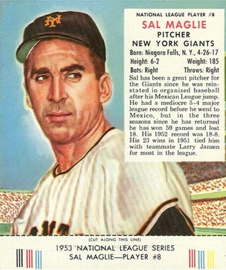 1953 Red Man Tobacco Sal Maglie #8 Baseball Card