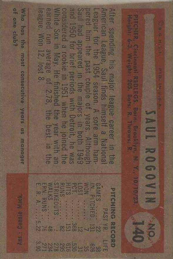 1954 Bowman Saul Rogovin #140c Baseball Card