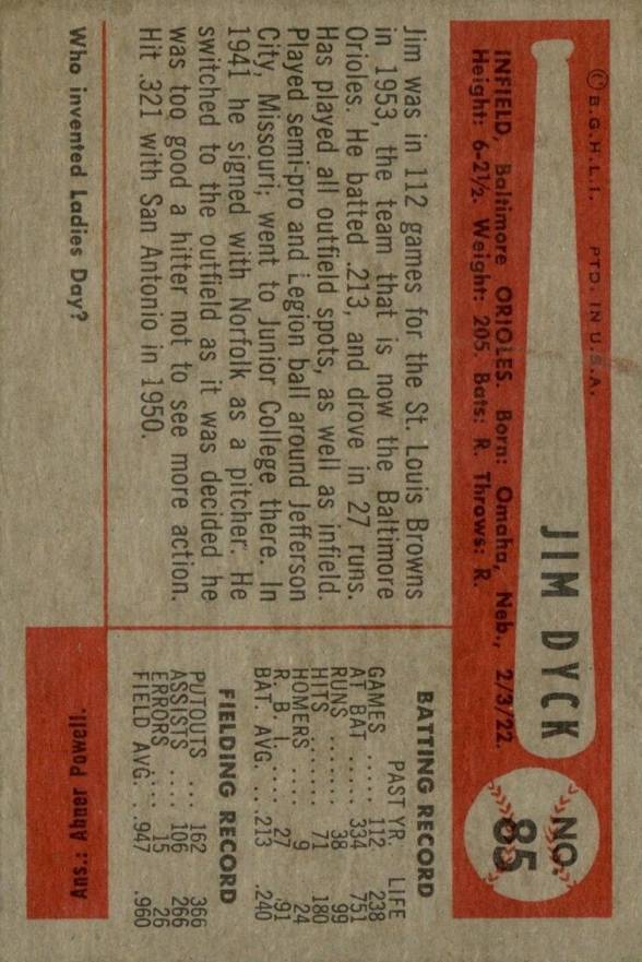 1954 Bowman Jim Dyck #85a Baseball Card
