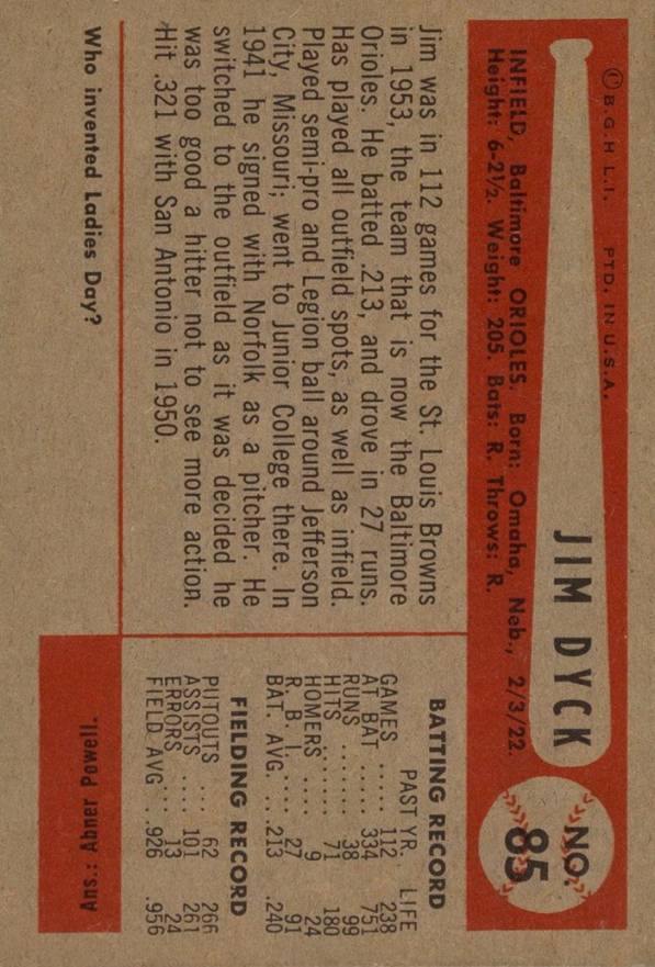 1954 Bowman Jim Dyck #85b Baseball Card