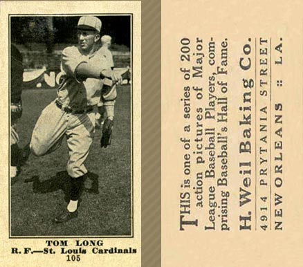 1916 Weil Baking Co. Tom Long #105 Baseball Card