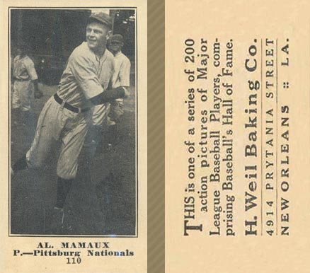 1916 Weil Baking Co. Al. Mamaux #110 Baseball Card