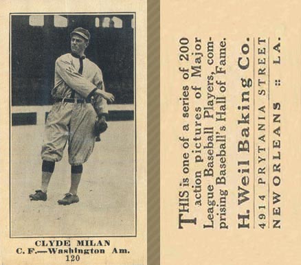 1916 Weil Baking Co. Clyde Milan #120 Baseball Card