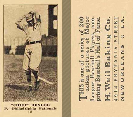 1916 Weil Baking Co. Chief Bender #13 Baseball Card