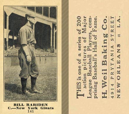 1916 Weil Baking Co. Bill Rariden #141 Baseball Card