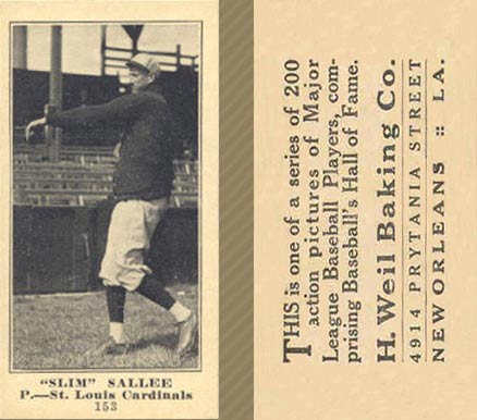 1916 Weil Baking Co. Slim Sallee #153 Baseball Card