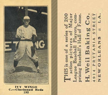 1916 Weil Baking Co. Ivy Wingo #193 Baseball Card