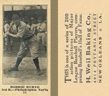 1916 Weil Baking Co. Bobbie Byrne #24 Baseball Card