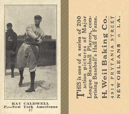 1916 Weil Baking Co. Ray Caldwell #27 Baseball Card