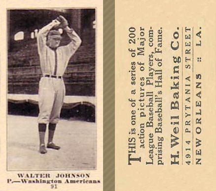 1916 Weil Baking Co. Walter Johnson #91 Baseball Card