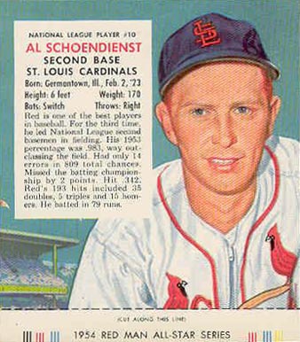 1954 Red Man Tobacco Al Schoendienst #10 Baseball Card