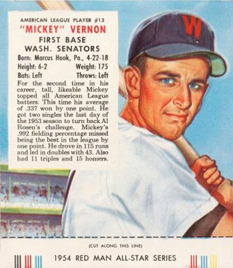 1954 Red Man Tobacco Mickey Vernon #13 Baseball Card