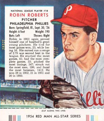 1954 Red Man Tobacco Robin Roberts #18n Baseball Card