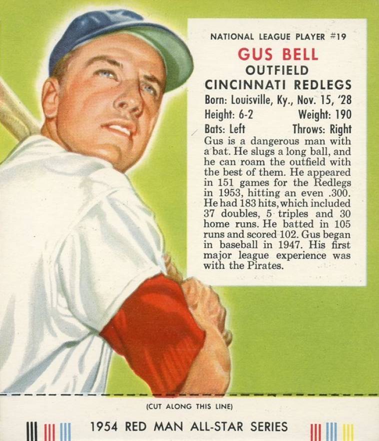 1954 Red Man Tobacco Gus Bell #19 Baseball Card