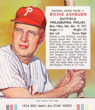 1954 Red Man Tobacco Richie Ashburn #1 Baseball Card