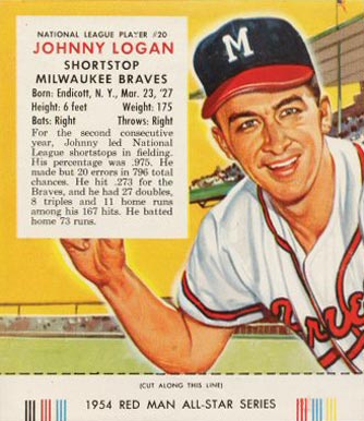 1954 Red Man Tobacco Johnny Logan #20 Baseball Card