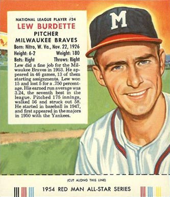1954 Red Man Tobacco Lew Burdette #24 Baseball Card