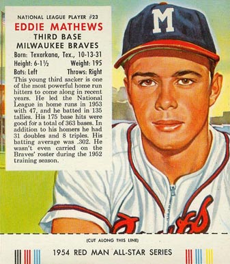 1954 Red Man Tobacco Eddie Mathews #23 Baseball Card