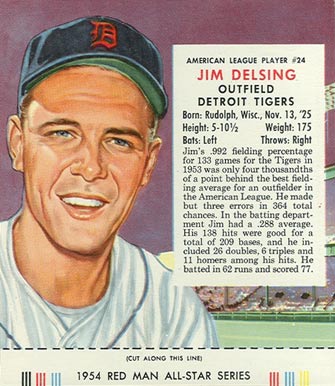 1954 Red Man Tobacco Jim Delsing #24 Baseball Card