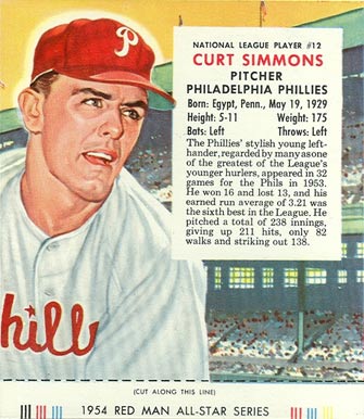 1954 Red Man Tobacco Curt Simmons #12 Baseball Card