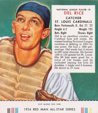 1954 Red Man Tobacco Del Rice #9 Baseball Card