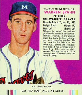 1955 Red Man Tobacco Warren Spahn #10 Baseball Card