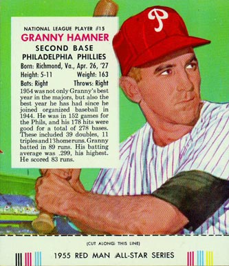 1955 Red Man Tobacco Granny Hamner #15 Baseball Card