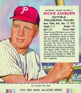 1955 Red Man Tobacco Richie Ashburn #1 Baseball Card