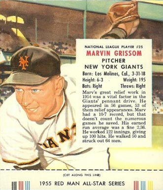 1955 Red Man Tobacco Marvin Grissom #25 Baseball Card