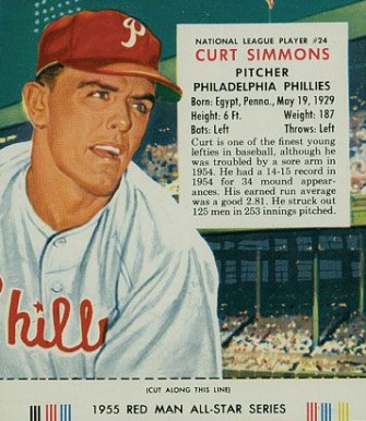 1955 Red Man Tobacco Curt Simmons #24 Baseball Card