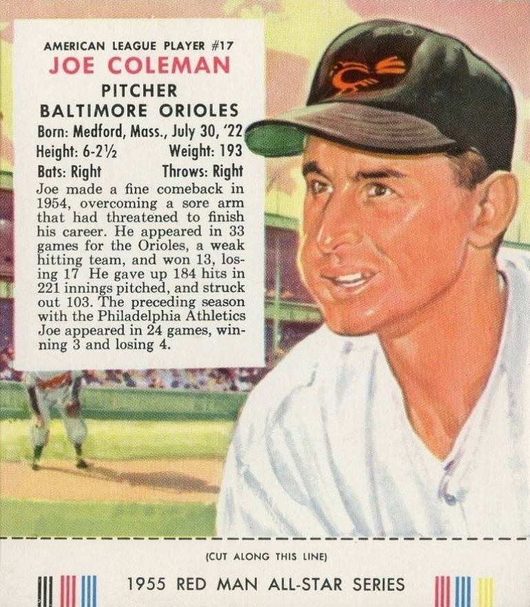 1955 Red Man Tobacco Joe Coleman #17 Baseball Card