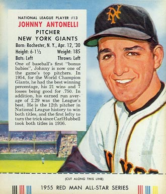 1955 Red Man Tobacco Johnny Antonelli #13n Baseball Card