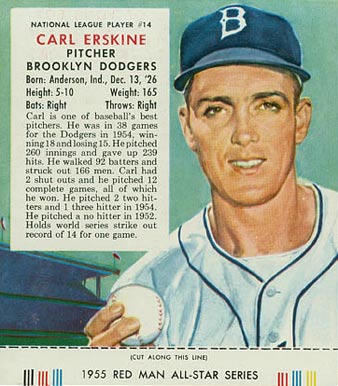 1955 Red Man Tobacco Carl Erskine #14 Baseball Card