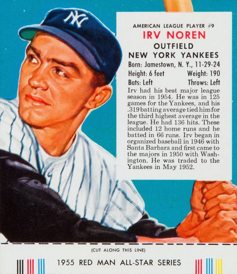 1955 Red Man Tobacco Irv Noren #9 Baseball Card