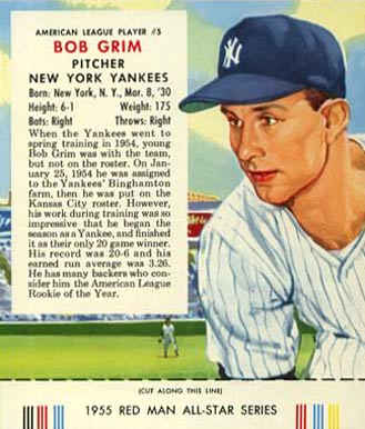 1955 Red Man Tobacco Bob Grim #5a Baseball Card