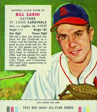 1955 Red Man Tobacco Bill Sarni #9n Baseball Card