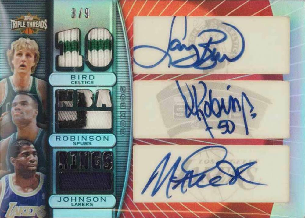 2007 Topps Triple Threads Relics Combos Autographs David Robinson/Larry Bird/Magic Johnson #3 Basketball Card