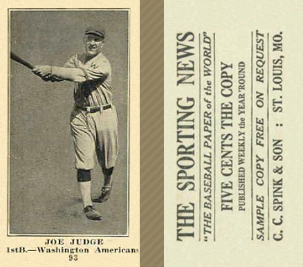 1916 Sporting News Joe Judge #93 Baseball Card
