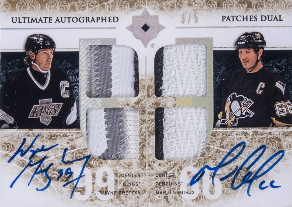 2009 Upper Deck Ultimate Collection Ultimate Jerseys Duos Autographs Gretzky/Lemieux #AJ2LG Hockey Card
