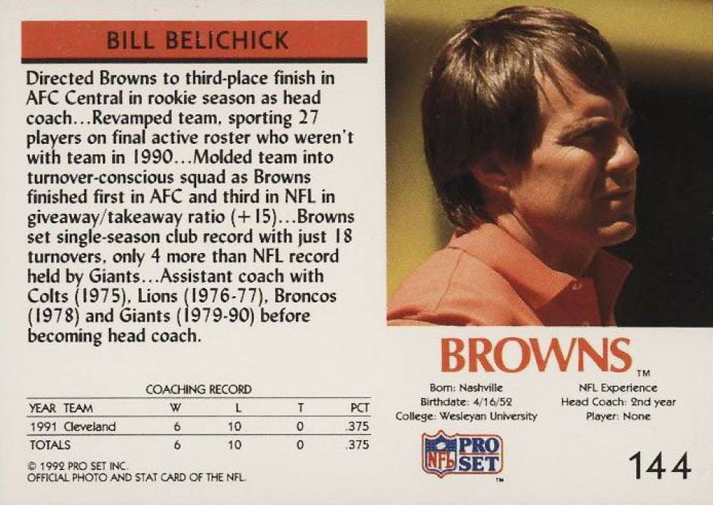 1992 Pro Set Bill Belichick #144 Football Card
