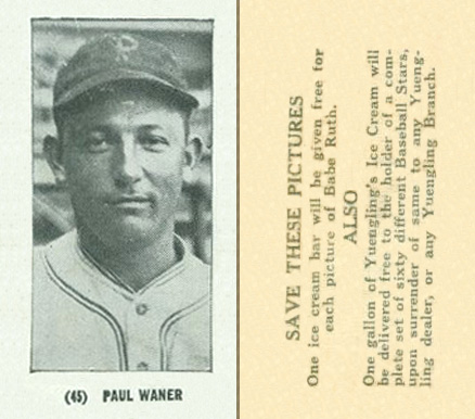 1928 Yuengling's Ice Cream Paul Waner #45 Baseball Card
