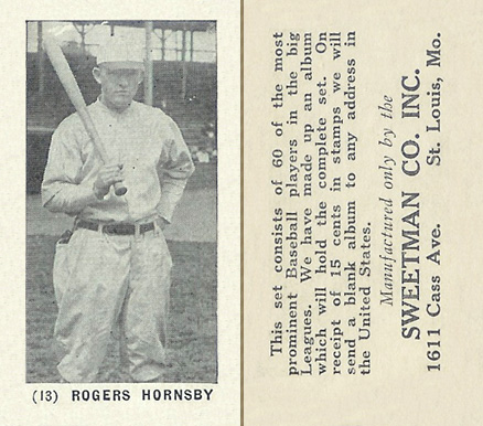 1928 Sweetman Rogers Hornsby #13 Baseball Card