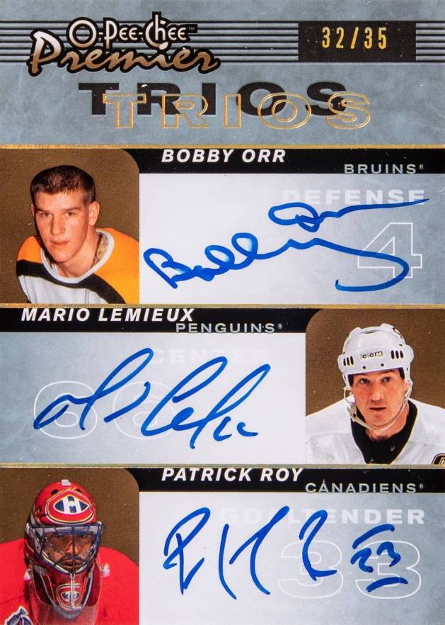 2007 O-Pee-Chee Premier Autographs Trios Bobby Orr/Mario Lemiuex/Patrick Roy #RLO Hockey Card