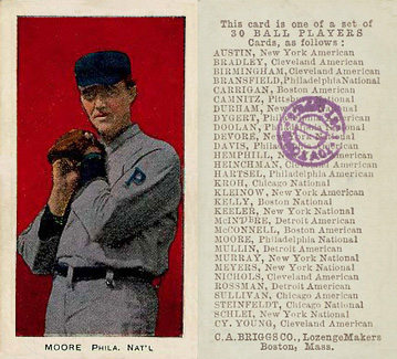 1909 C. A. Briggs Color Moore, Phila. Nat'l # Baseball Card