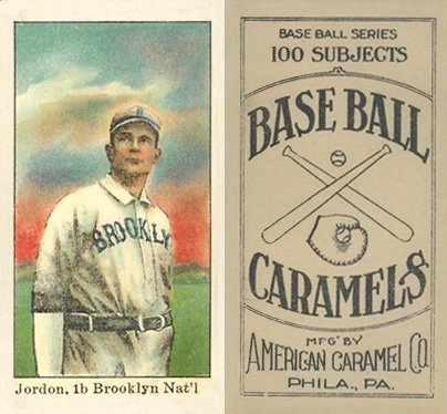 1909 E90-1 American Caramel Jordan, 1b Brooklyn Nat'l # Baseball Card